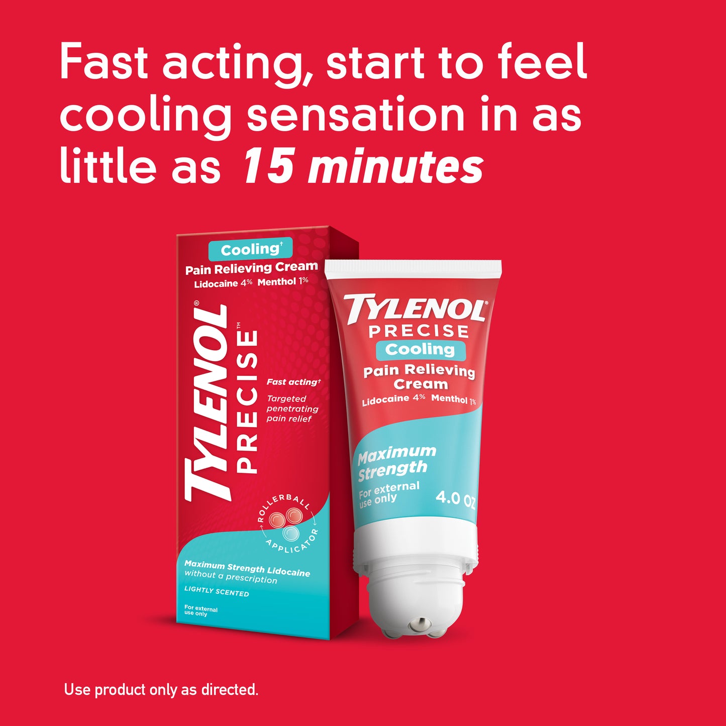 A tube of Tylenol Precise Cooling Pain Relieving Cream next to the box on a red background