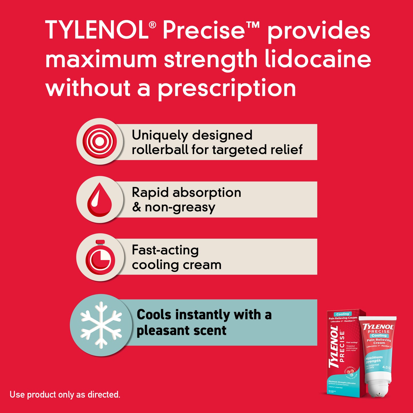 A tube of Tylenol Precise Cooling Pain Relieving Cream next to the box on a red background
