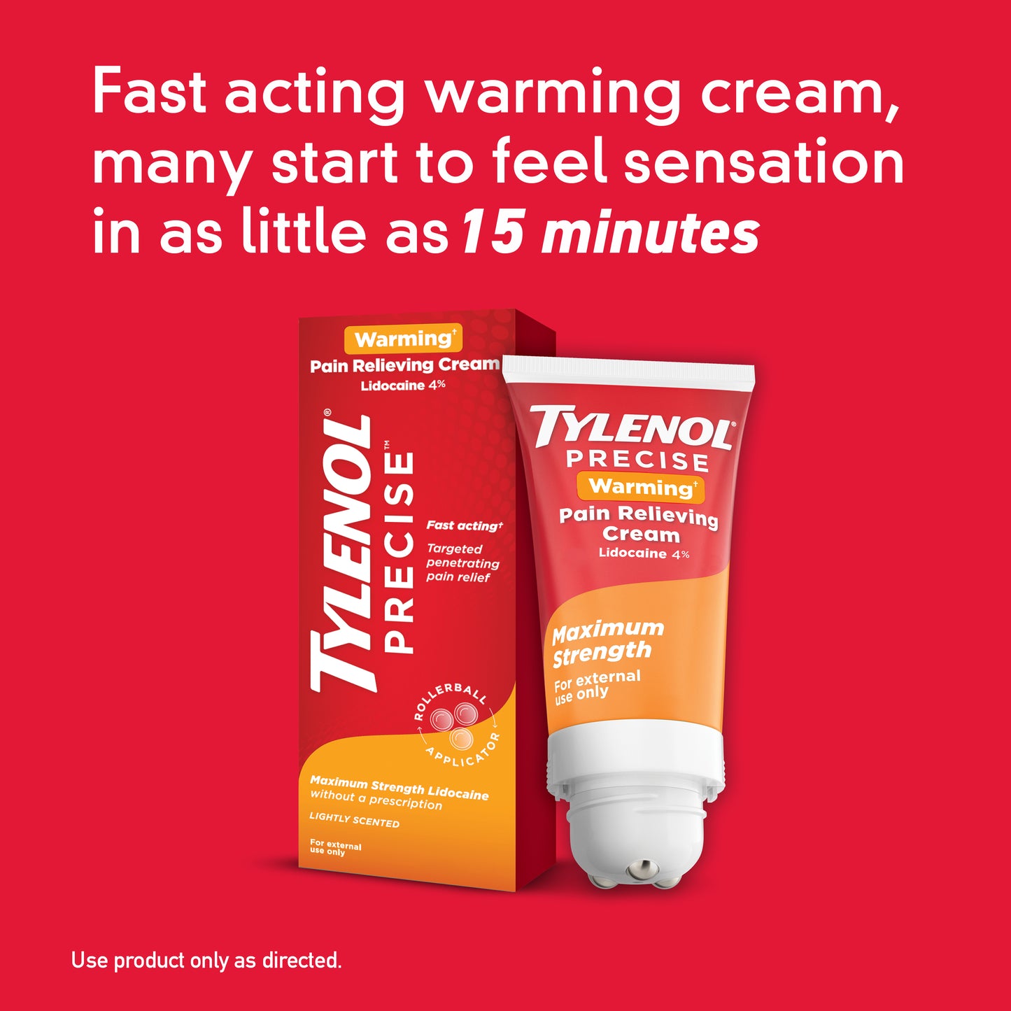 A tube of Tylenol Precise Warming Pain Relieving Cream next to the box on a red background