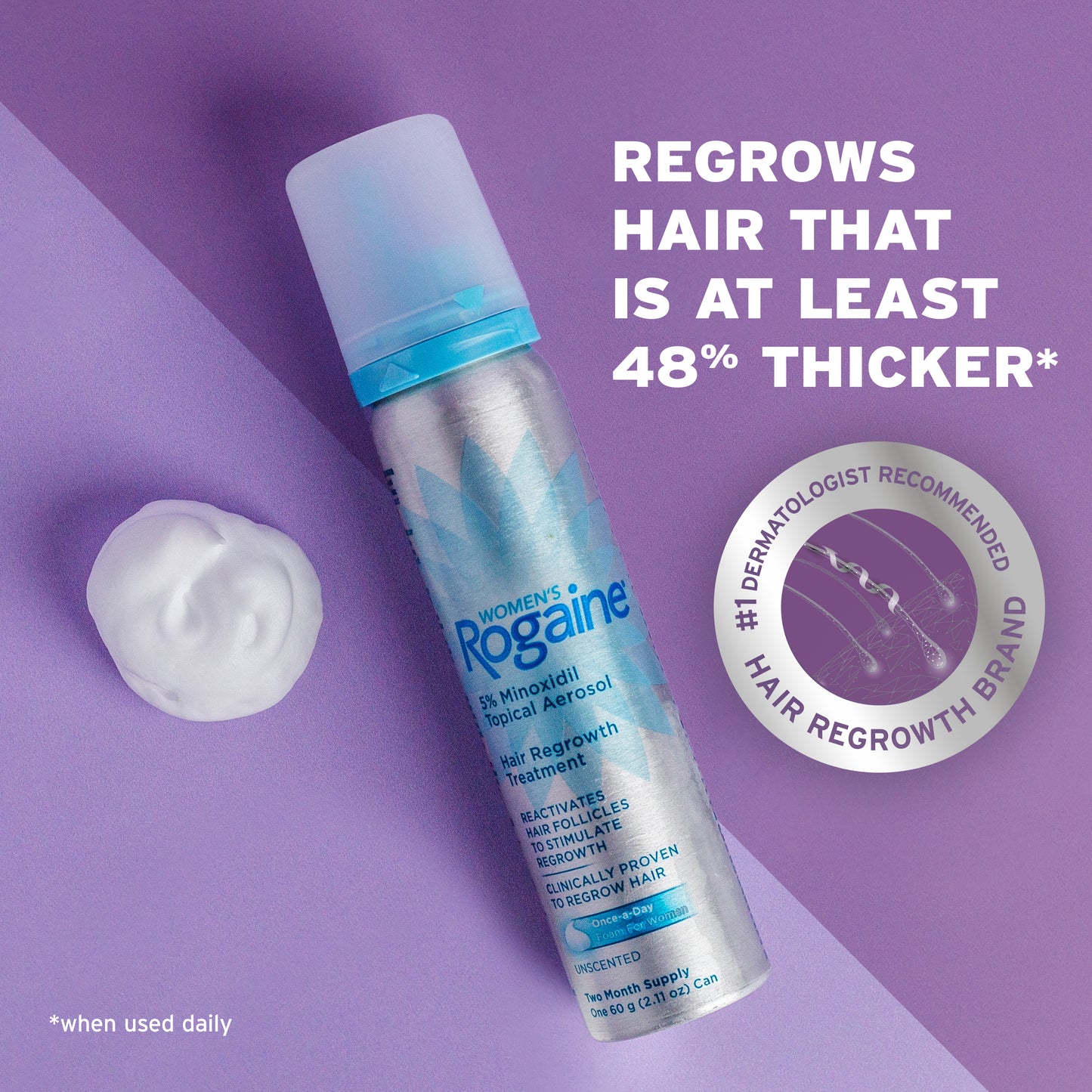 A bottle of Women's Rogaine Minoxidil 5% Topical Foam on a purple background