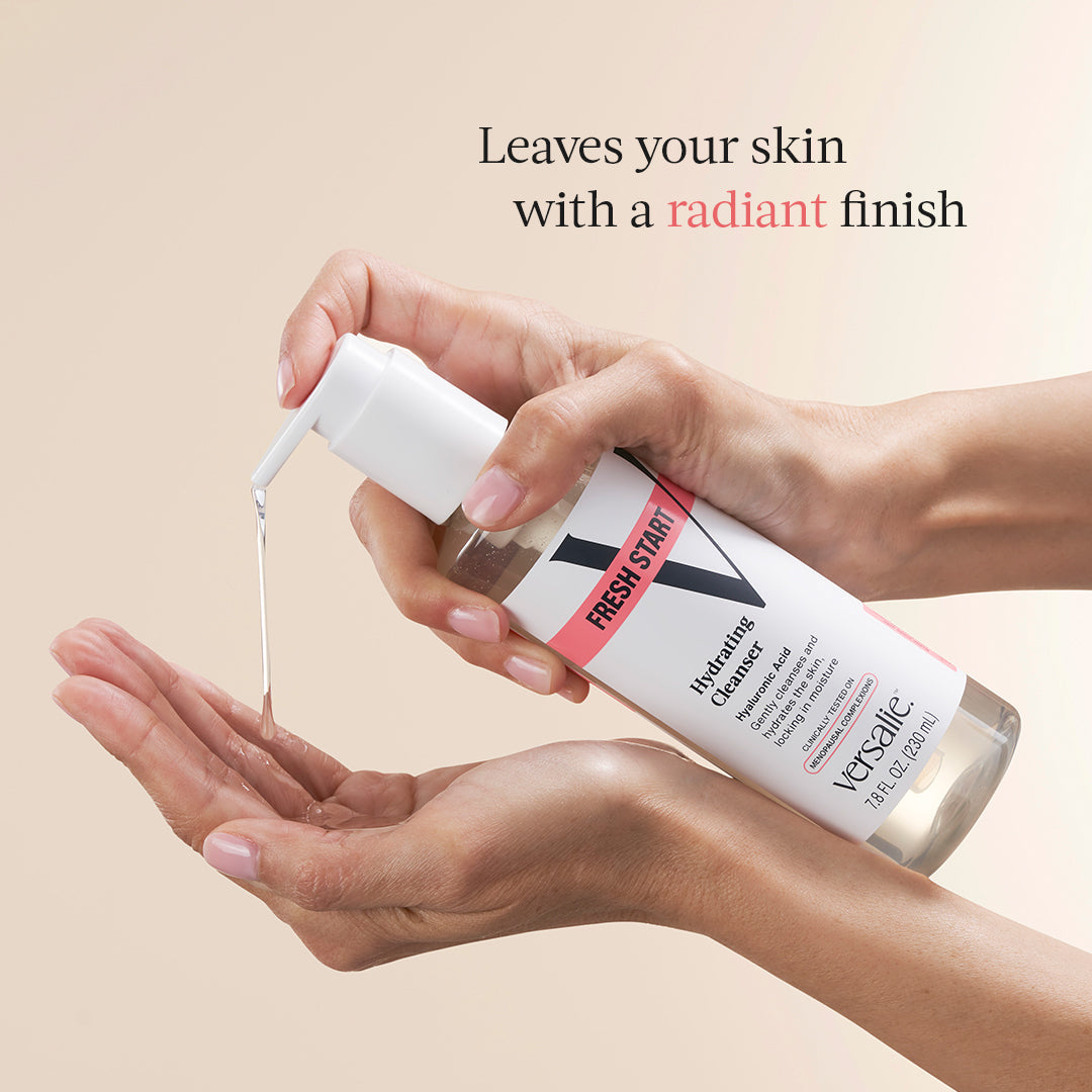 Person dispensing a hydrating face wash that leaves skin with a radiant finish into their hands