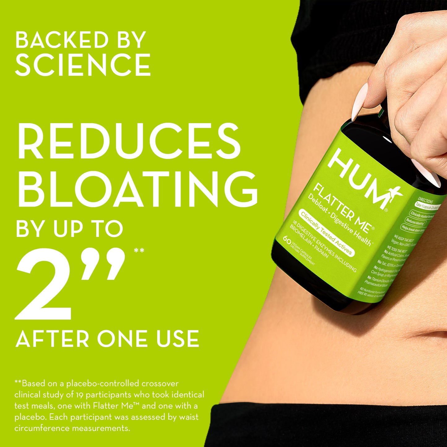 HUM NUTRITION Flatter Me capsules reduces bloating by up to 2" after one use based on a placebo-controlled crossover clinical study of 19