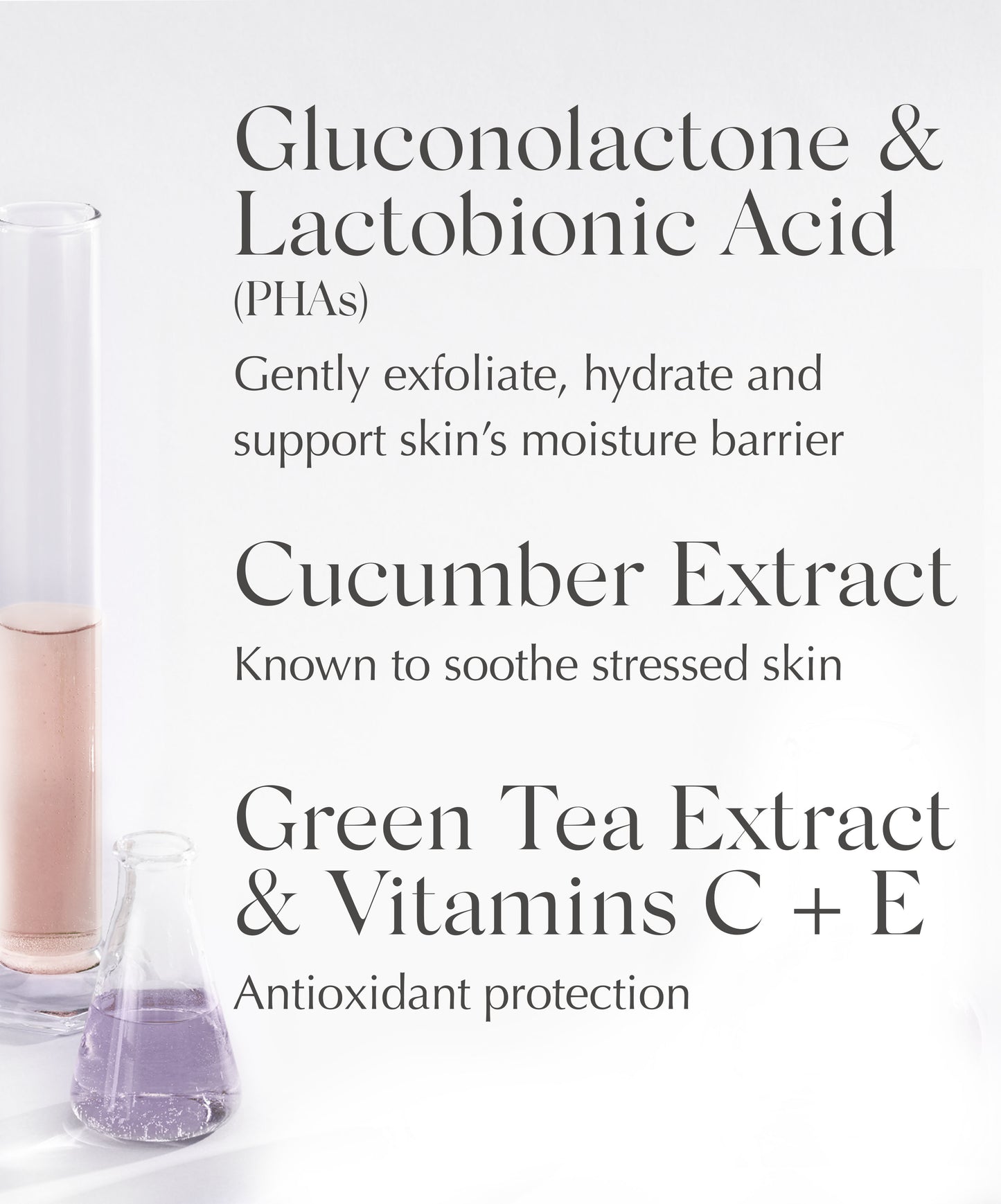 list of ingredients of EXUVIANCE Gentle Daily Exfoliating Pads, including Gluconolactone & Lactobionic Acid (PHAs) and cucumber extract known to soothe stressed skin