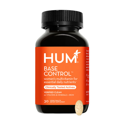 a bottle of HUM NUTRITION Base Control vegan tablets, a women's multivitamin supplement that offers essential daily nutrients for overall health during menopause.