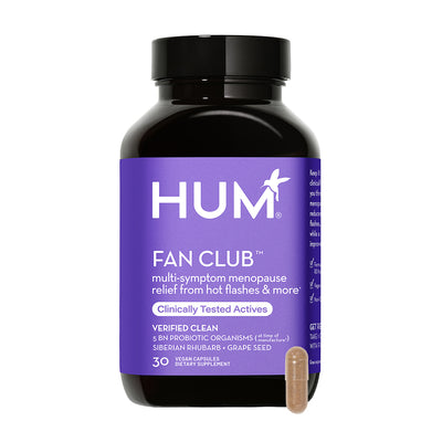 a bottle of HUM NUTRITION Fan Club capsules, a dietary supplement designed to provide multi-symptom menopause relief from hot flashes and other symptoms