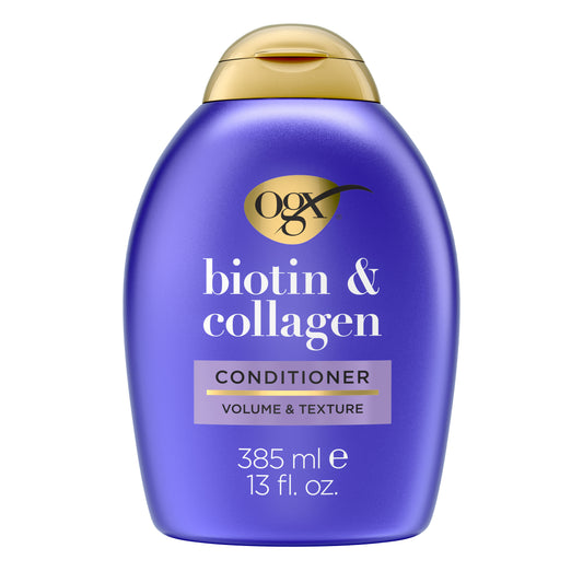 A bottle of OGX Thick & Full + Biotin & Collagen Conditioner for volume and texture