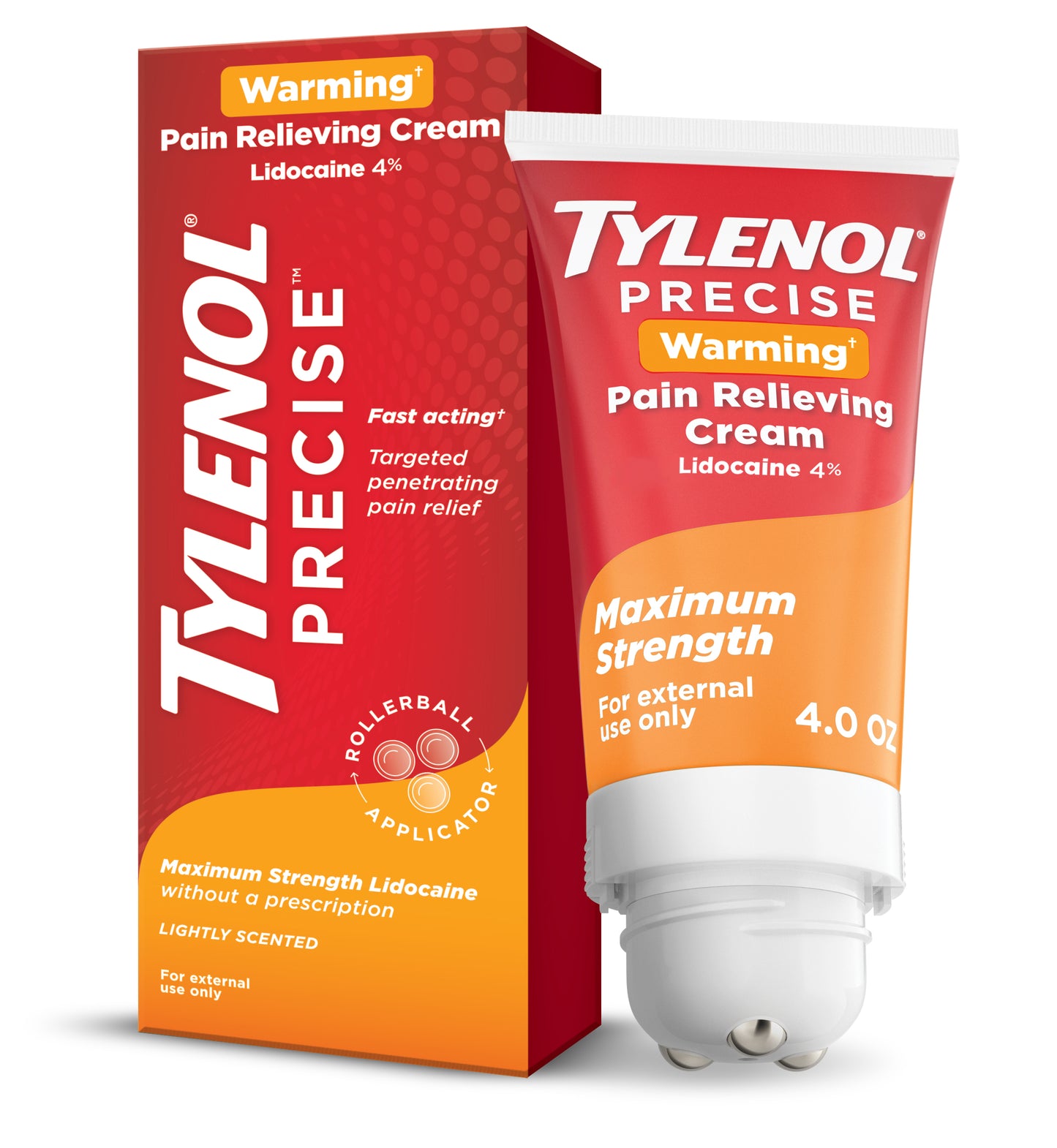 A tube of Tylenol Precise Warming Pain Relieving Cream, with Maximum Strength Lidocaine, next to the box