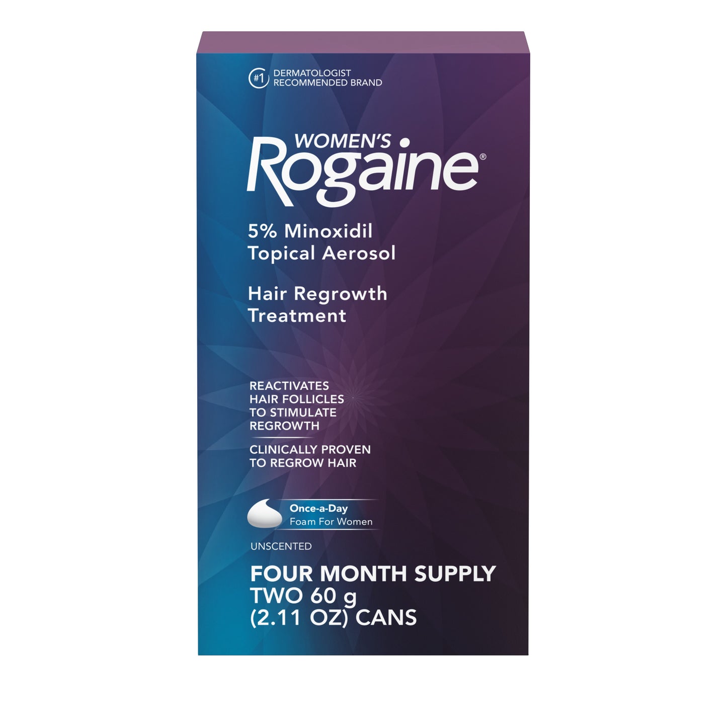 The front of a box of a four-month supple of Women's Rogaine 5% Minoxodil Tropical Aerosol.