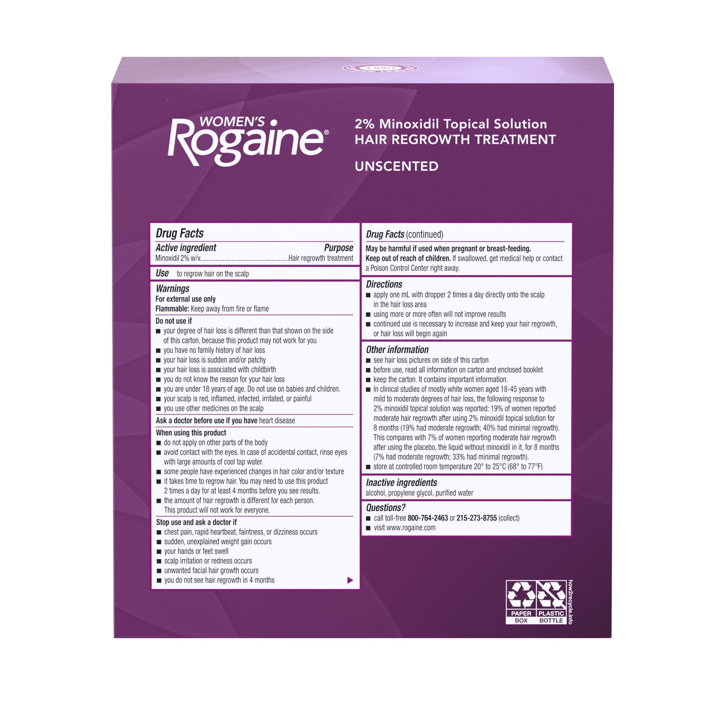 The back of a box of Women's Rogaine Minoxidil 2% Topical Solution, showing its drug facts and directions