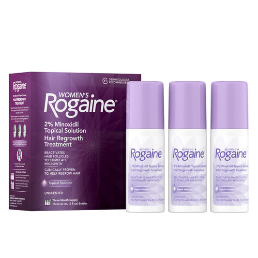 Three bottles of Women's Rogaine Minoxidil 2% Topical Solution next to the box