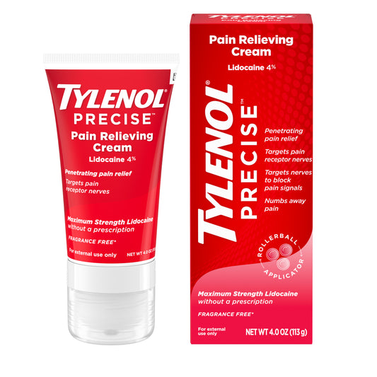 A tube of Tylenol Precise 4% Lidocaine Pain Relieving Cream next to the box