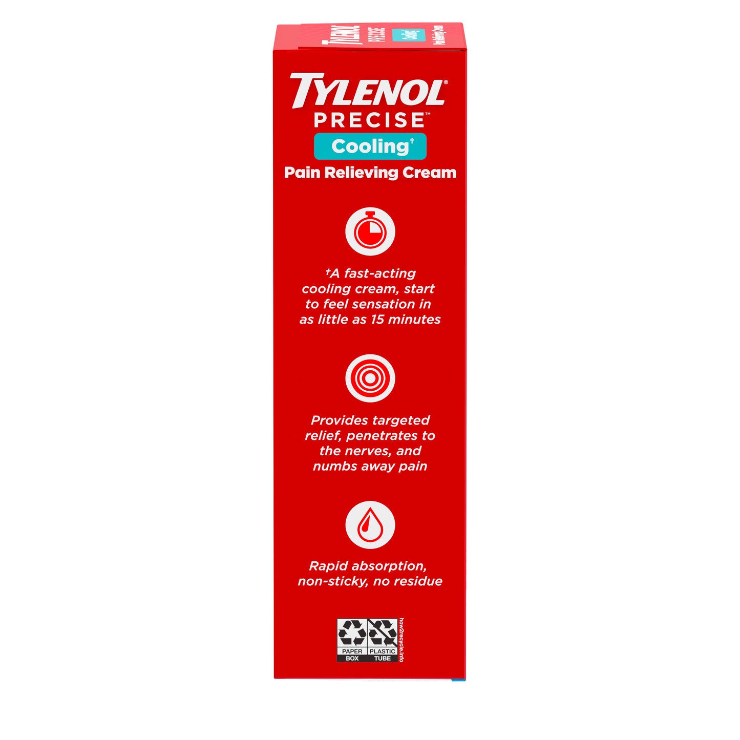 The side of a box of Tylenol Precise Cooling Pain Relieving Cream, explaining what the cream does