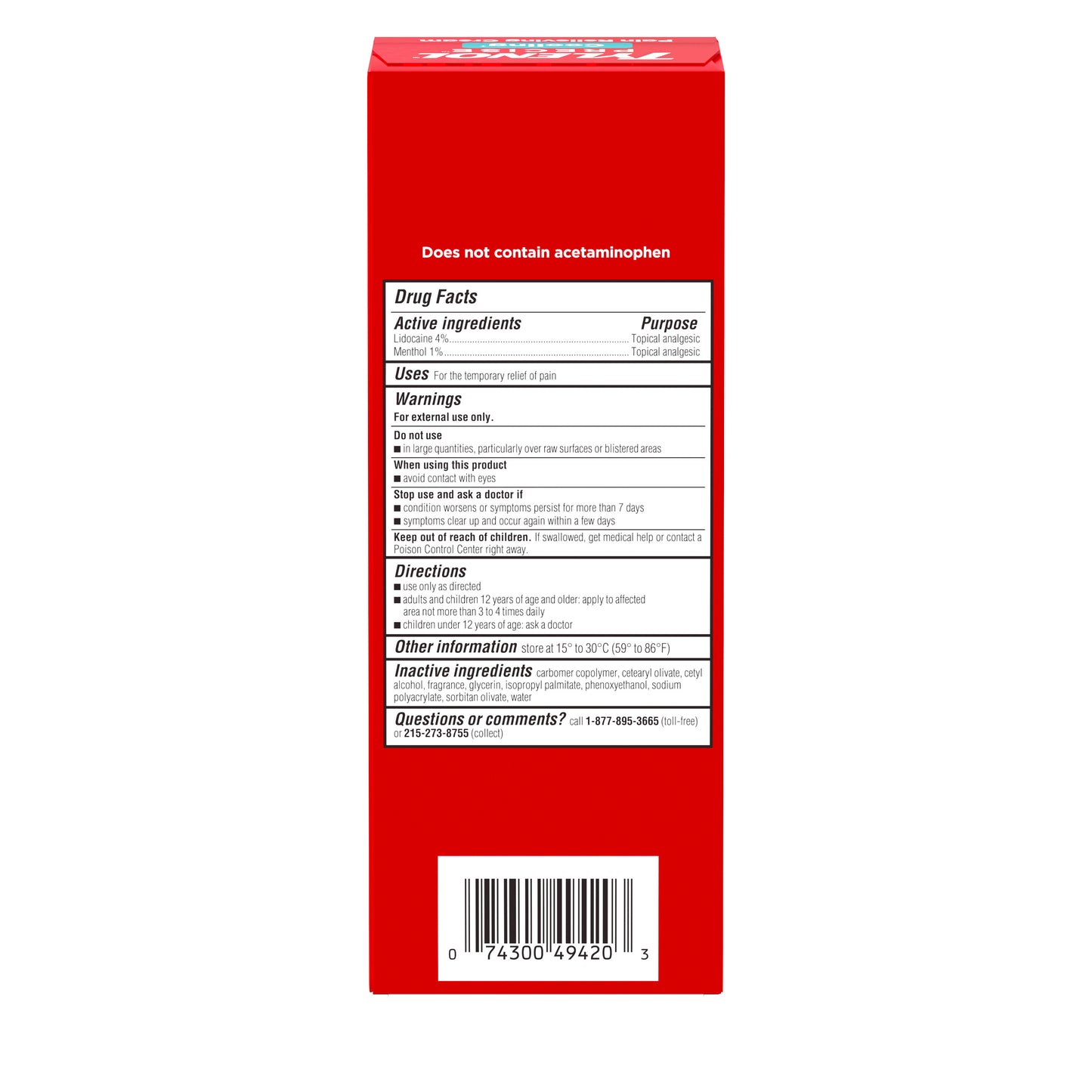 The back of a box of Tylenol Precise Cooling Pain Relieving Cream, showing its drug facts and directions