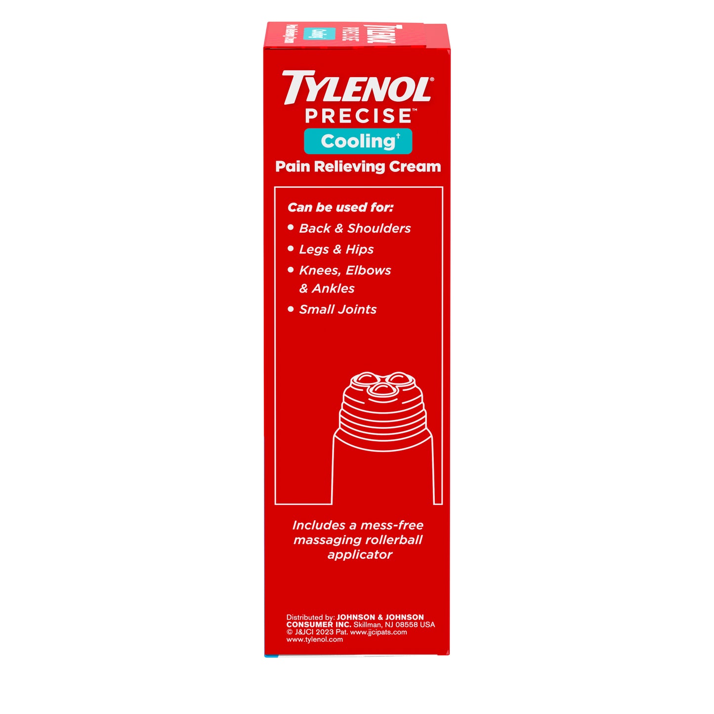 The side of a box of Tylenol Precise Cooling Pain Relieving Cream, showing its rollerball applicator