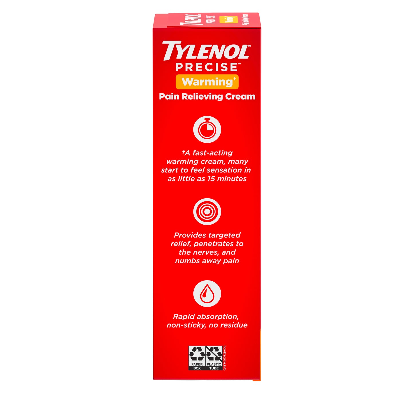 The side of a box of Tylenol Precise Warming Pain Relieving Cream, explaining what the cream does