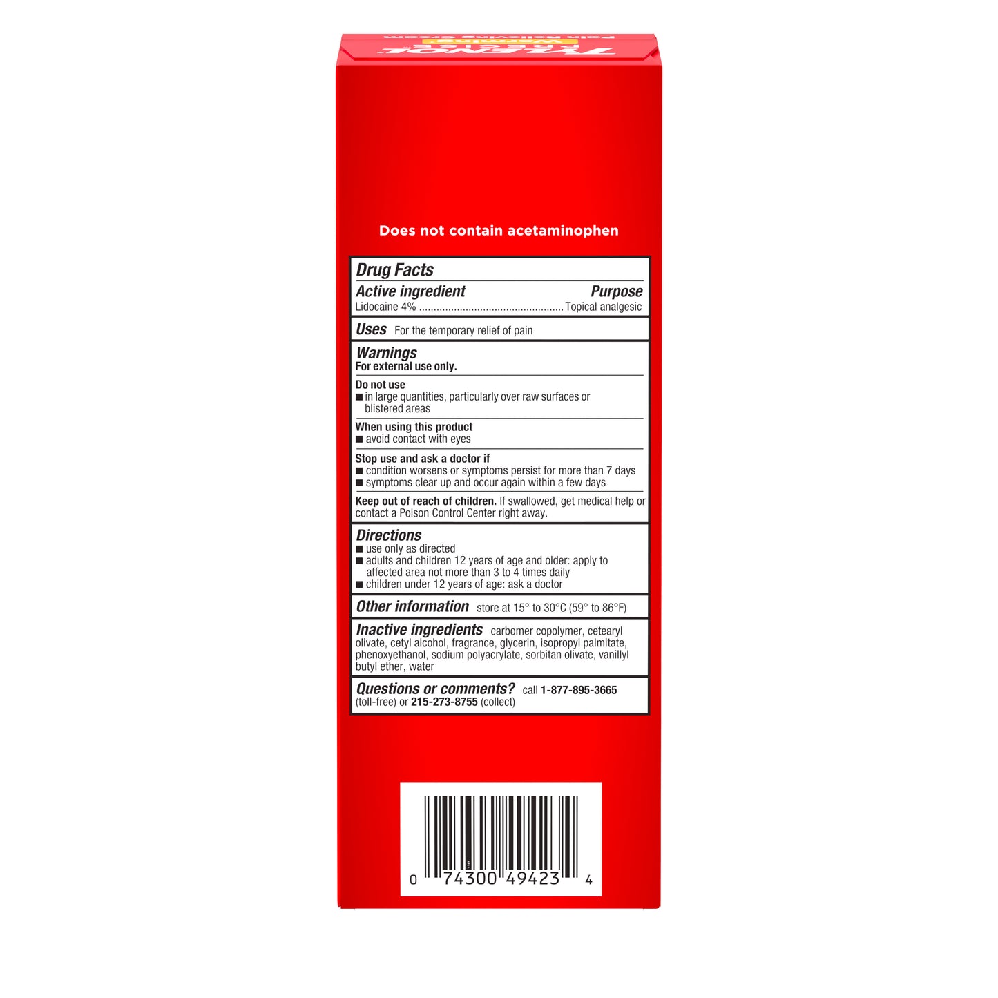 The back of a box of Tylenol Precise Warming Pain Relieving Cream, showing its drug facts and directions