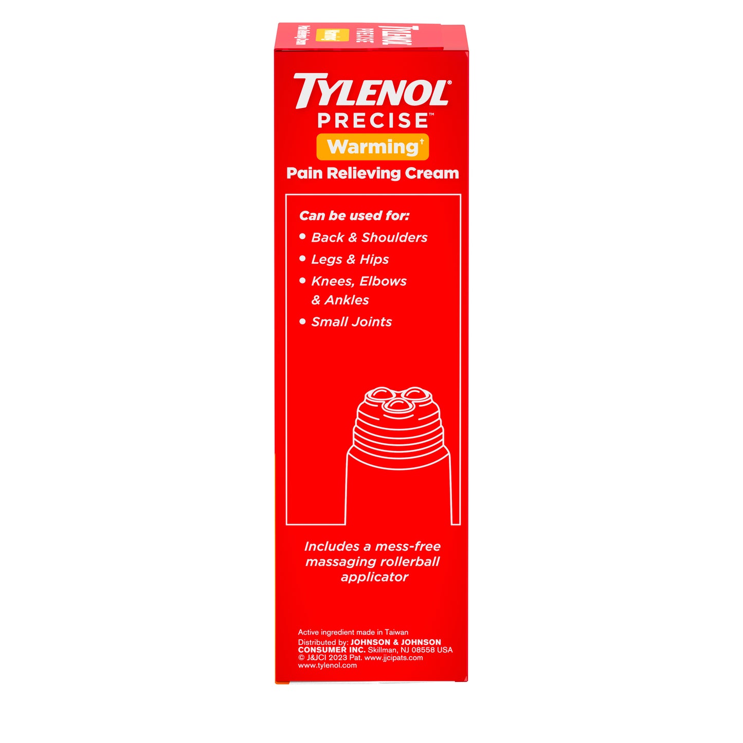 The side of a box of Tylenol Precise Warming Pain Relieving Cream, showing its rollerball applicator