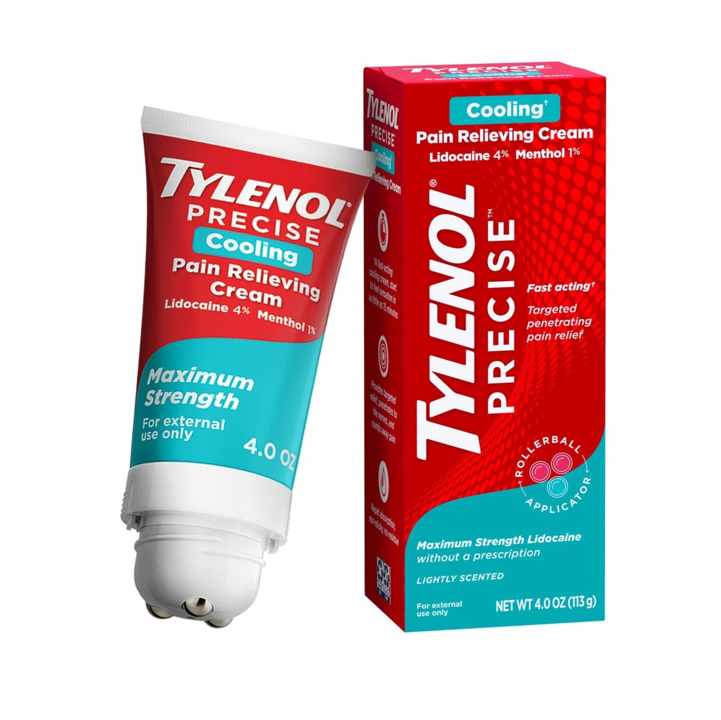 A tube of Tylenol Precise Cooling Pain Relieving Cream, with Lidocaine and Menthol, next to the box