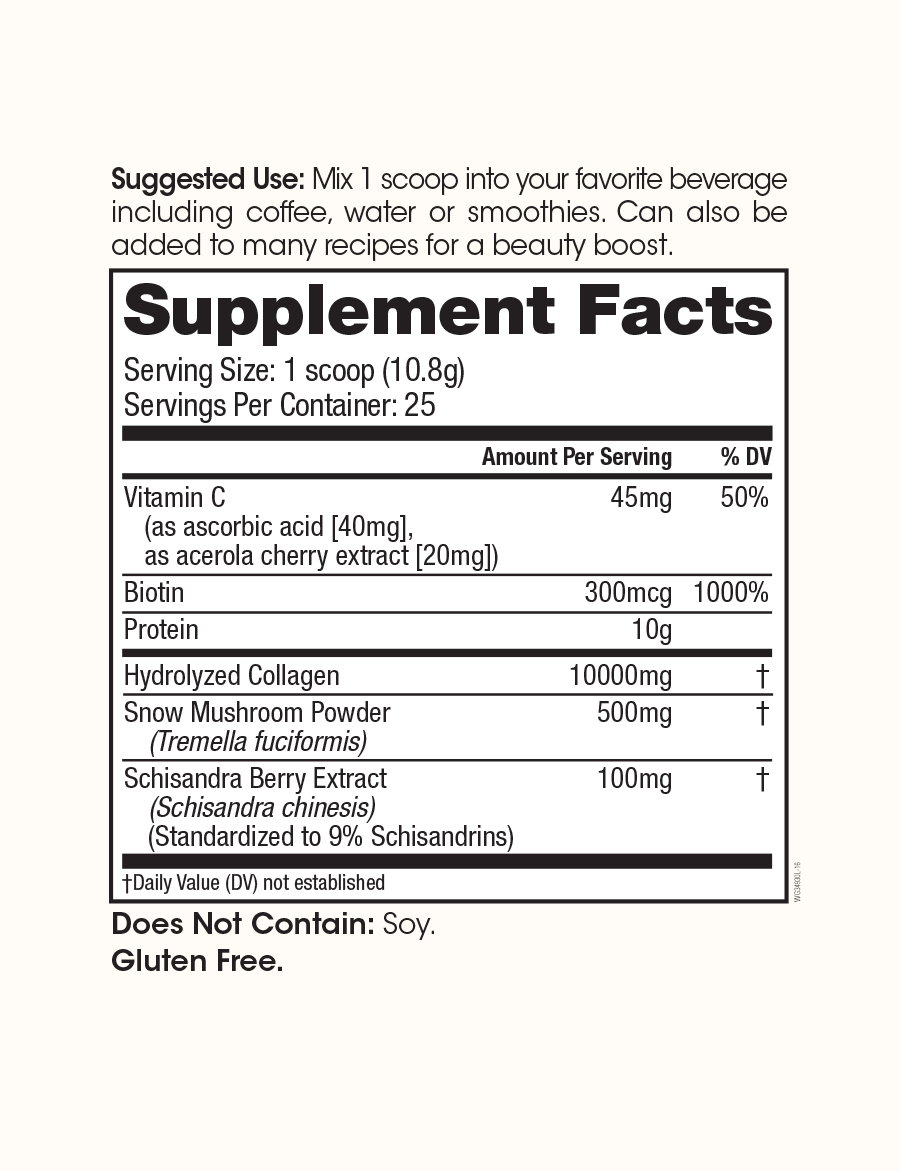Supplement facts label for Winged Wellness Glow Up Collagen & Stress Drink Mix Powder