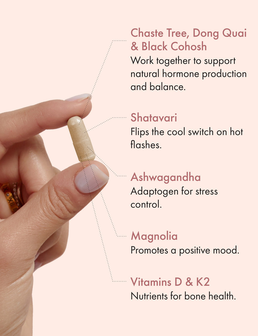 A hand holding a single Hot Momma Menopause Support Supplement capsule next to a list of ingredients