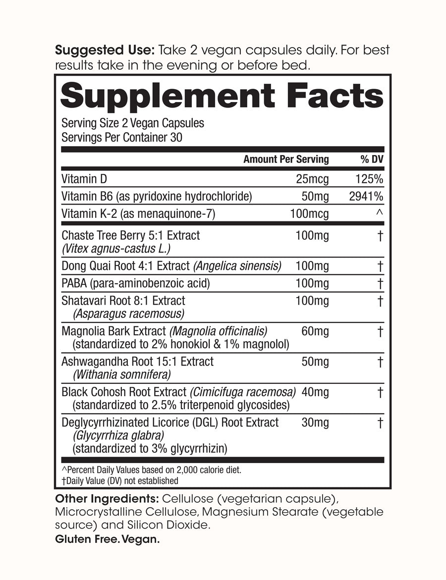 Supplement facts label for Winged Wellness Hot Momma Menopause Support Supplements