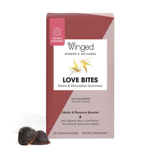 A box of Winged Wellness Love Bites Desire & Libido Gummies with 2 wild blueberry gummies next to it