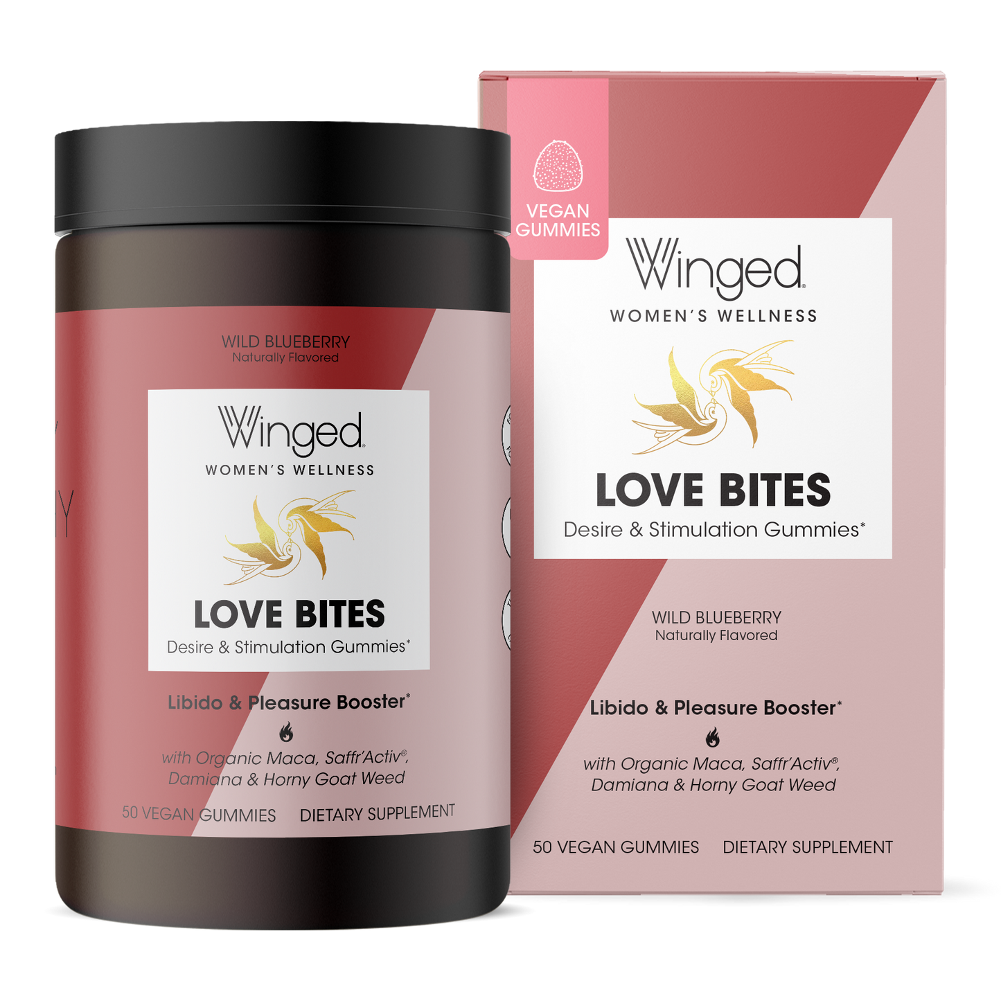 A container of Winged Wellness Love Bites Desire & Libido Gummies next to its box