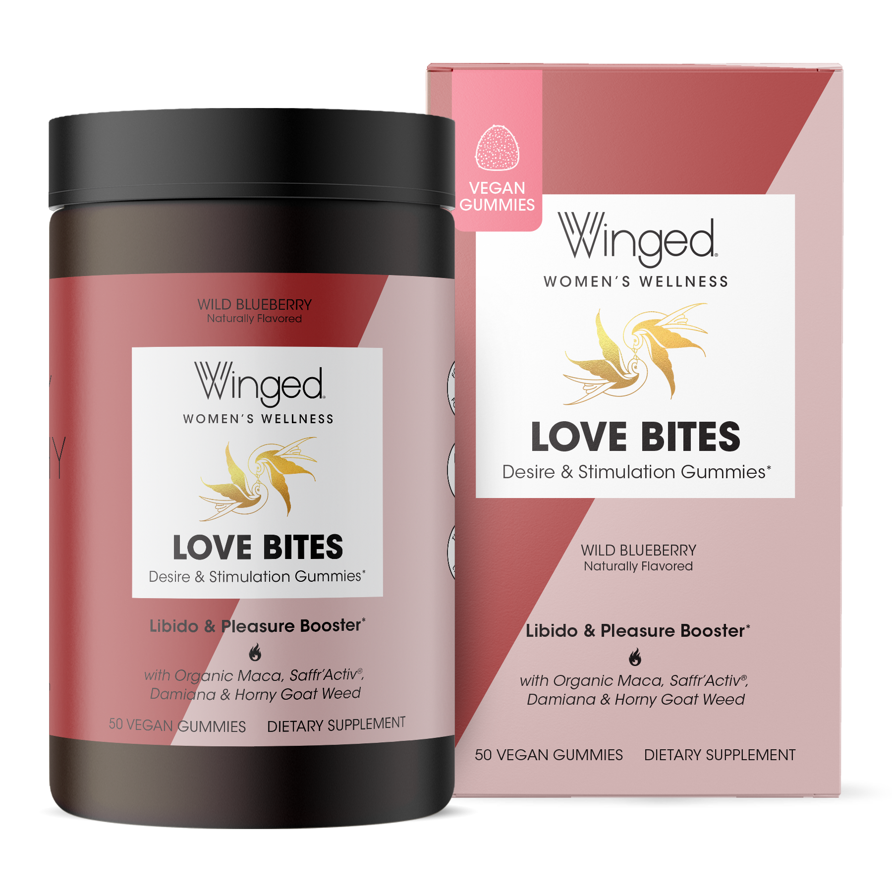 A container of Winged Wellness Love Bites Desire & Libido Gummies next to its box