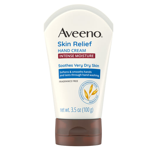 Aveeno Skin Relief Intense Moisture Fragrance-Free Hand Cream with Prebiotic Oat for dry skin lasts through hand washing and helps soothe very dry skin