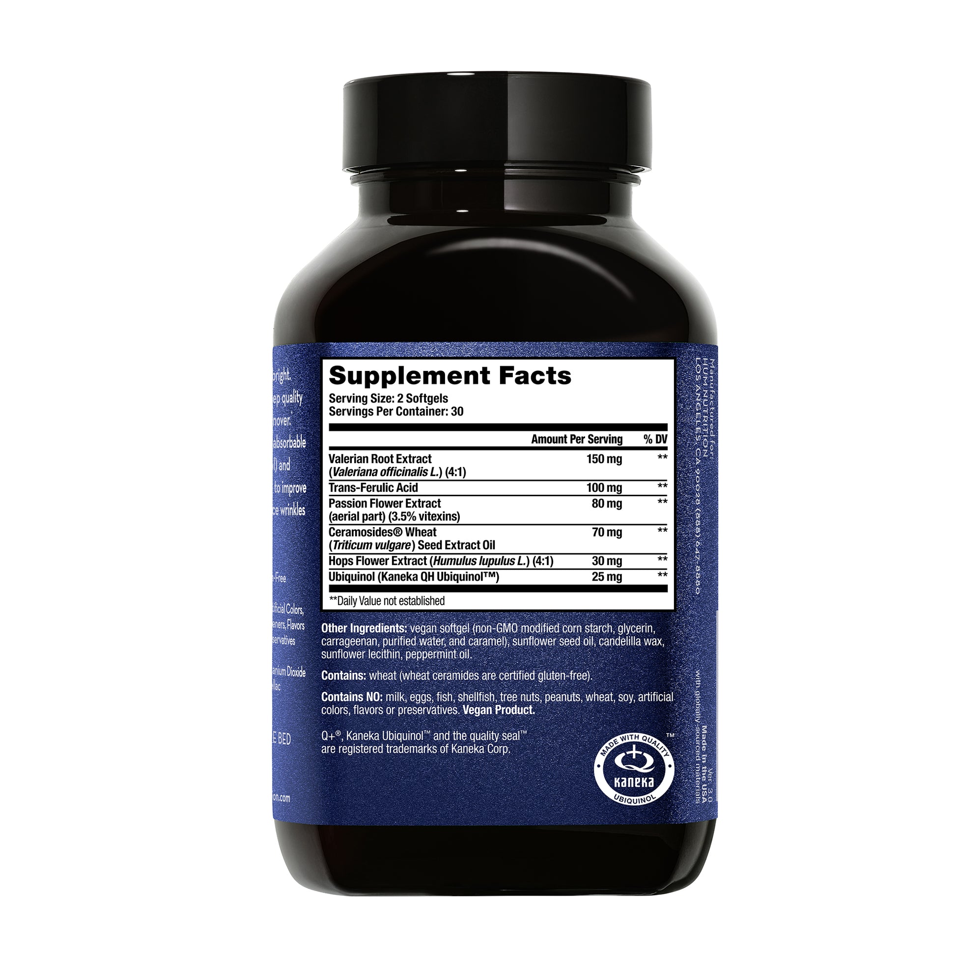 The back of a bottle of Hum Nutrition Mighty Night Sleep softgel capsules, showing its supplement facts