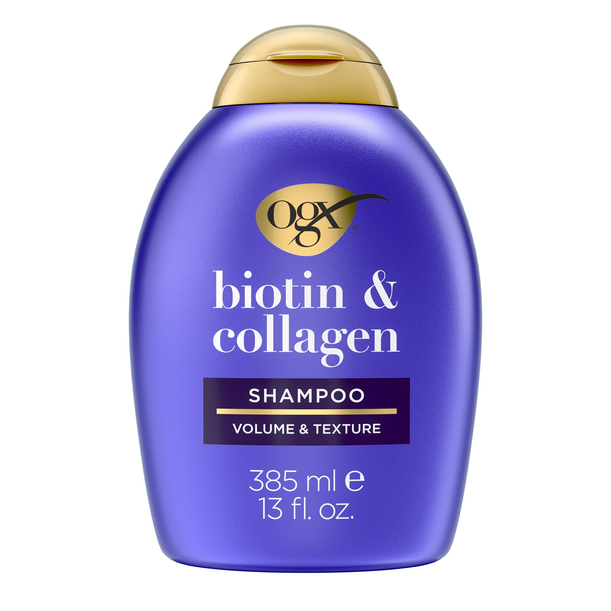A bottle of OGX Thick & Full + Biotin & Collagen Shampoo for volume and texture