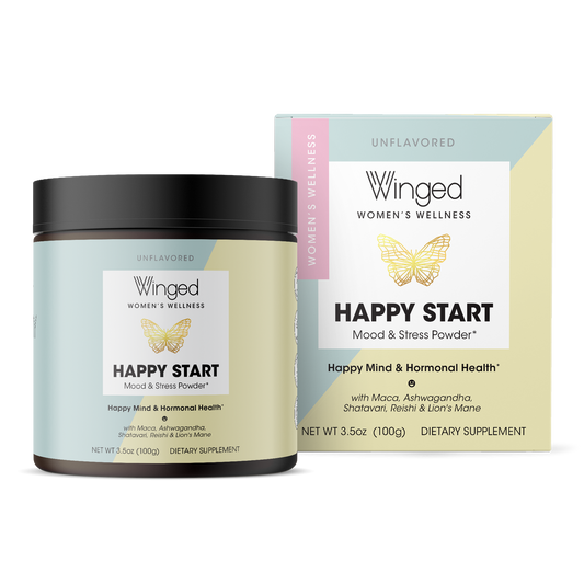 A container of Winged Wellness Happy Start Mushroom Mood Boosting Drink Mix Powder next to its box