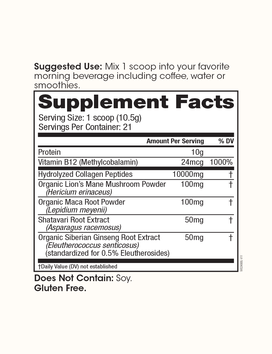 Supplement facts label for Winged Wellness Glow Up AM Collagen Powder 