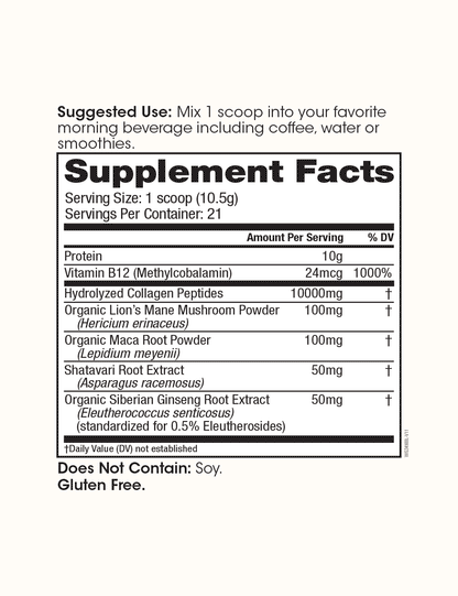 Supplement facts label for Winged Wellness Glow Up AM Collagen Powder 