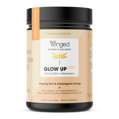 A container of Winged Wellness Glow Up AM Collagen Powder for glowing skin and apoptogenic energy