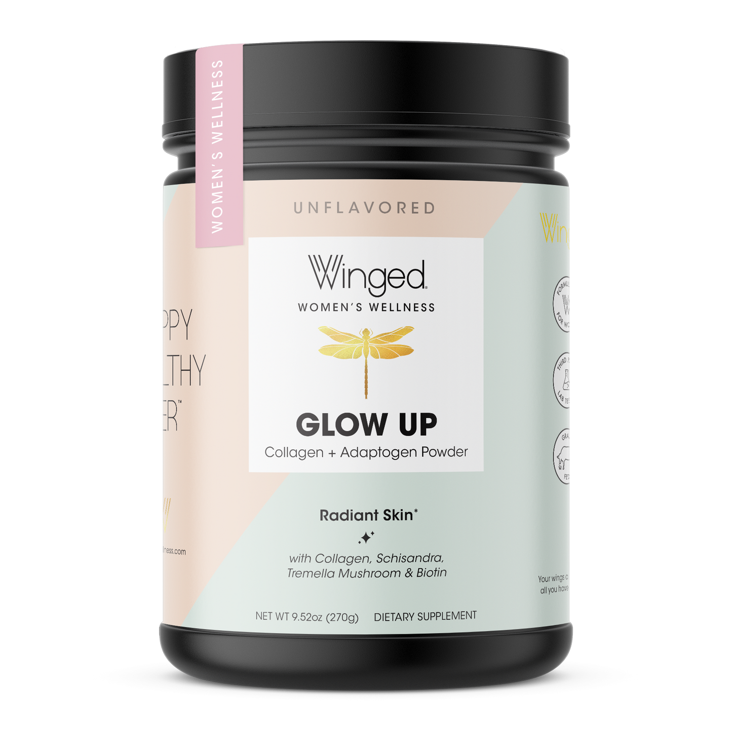 A container of Winged Wellness Glow Up Collagen & Stress Drink Mix Powder for radiant skin