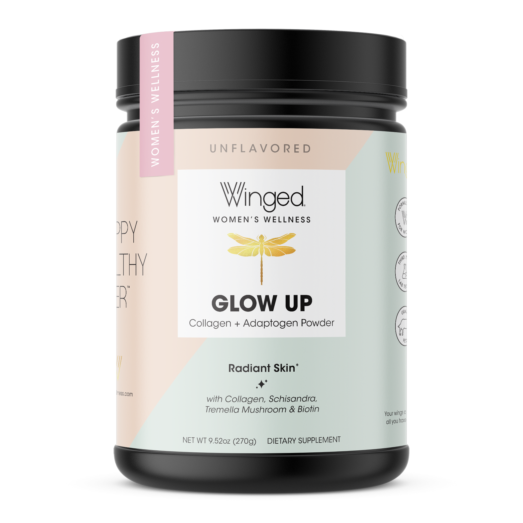 A container of Winged Wellness Glow Up Collagen & Stress Drink Mix Powder for radiant skin