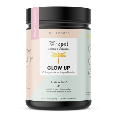 A container of Winged Wellness Glow Up Collagen & Stress Drink Mix Powder for radiant skin