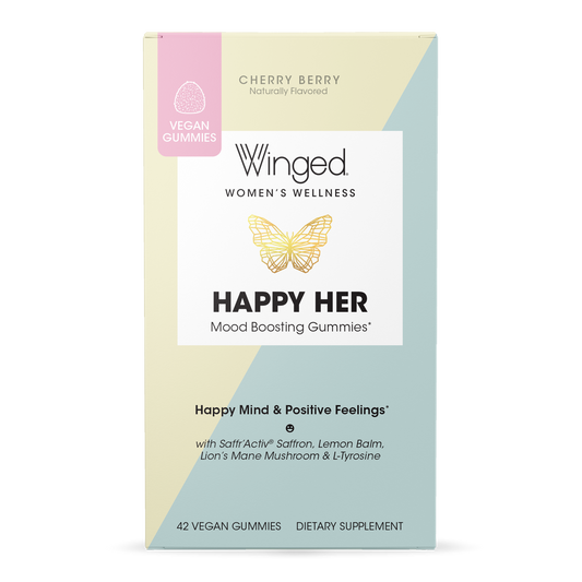 A box of Cherry Berry flavored Winged Wellness Happy Her Mood Boosting Gummies for a happy mind
